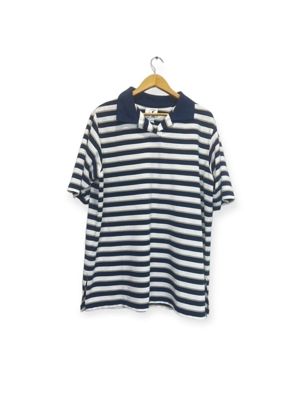 AK America Navy Blue White Striped Short Sleeve pull up polo shirt size 18/20